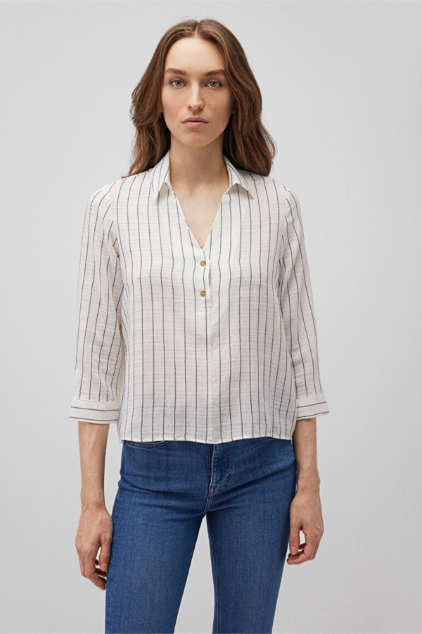 Resim Mavi Düğme Detaylı Kadın Bluz M122400-87977