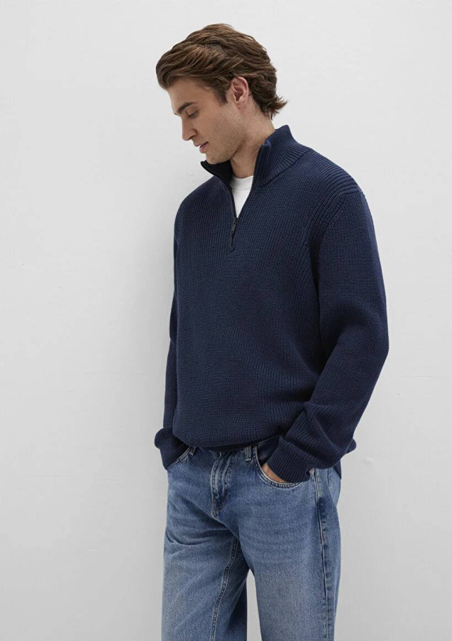 Resim Mavi Yarım Fermuarlı Erkek Kazak M0710268-82318