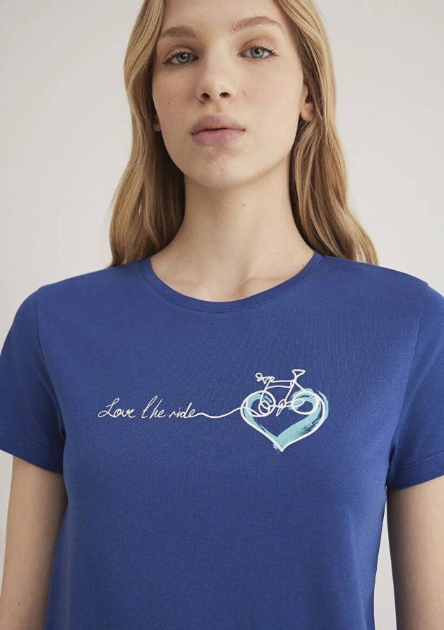 Resim Mavi Bisiklet Baskılı Grafik Kadın T-Shirt M1612961-70899