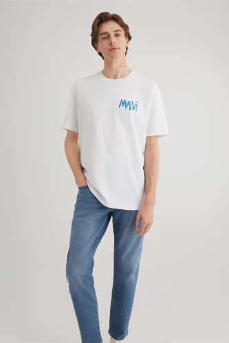 Resim Mavi Tişört Beyaz Erkek T-Shirt M0612468-620
