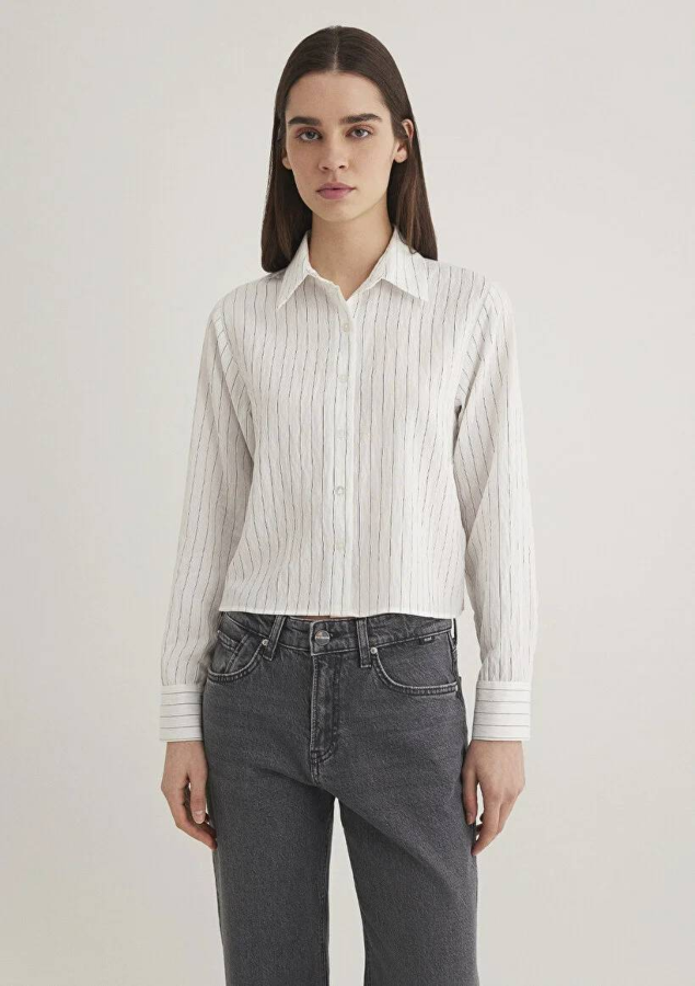 Resim Mavi Dokuma Kısa Kadın Uzun Kol Gömlek M1211025-85353