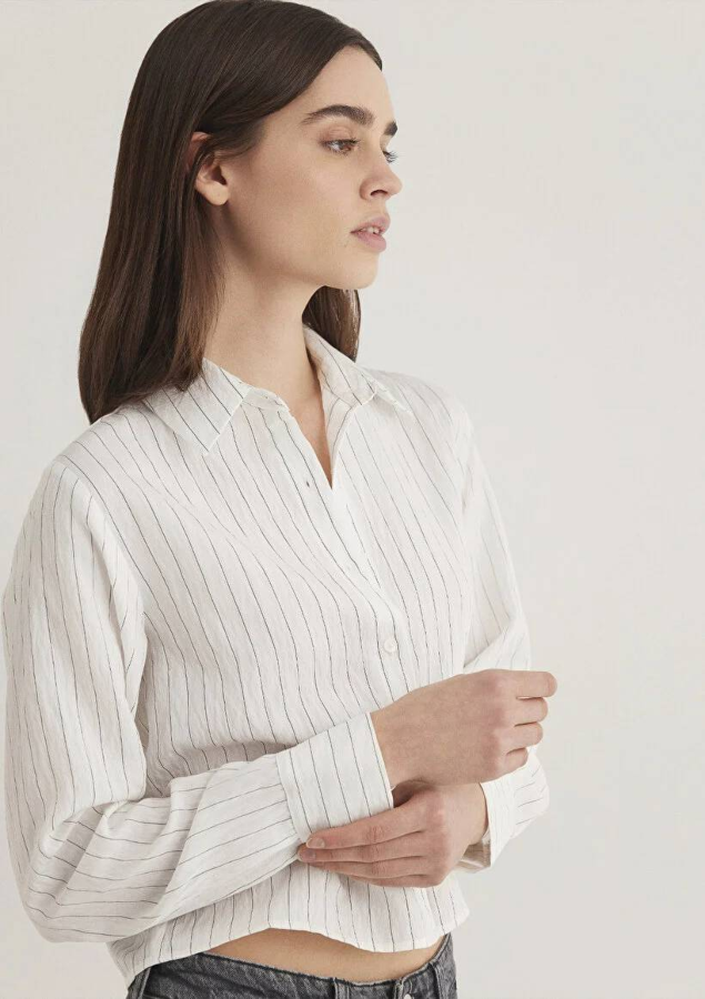 Resim Mavi Dokuma Kısa Kadın Uzun Kol Gömlek M1211025-85353