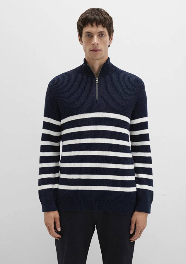 Resim Mavi Çizgili Fermuarlı Erkek Kazak M0710131-70490