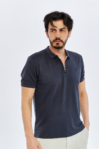 Resim Paul&More Erkek T-Shirt Modal Yarım Fermuarlı Polo Yaka