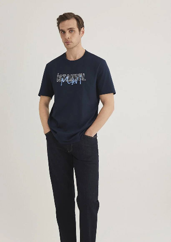 Resim Mavi İstanbul Baskılı Erkek T-Shirt M067114-34319