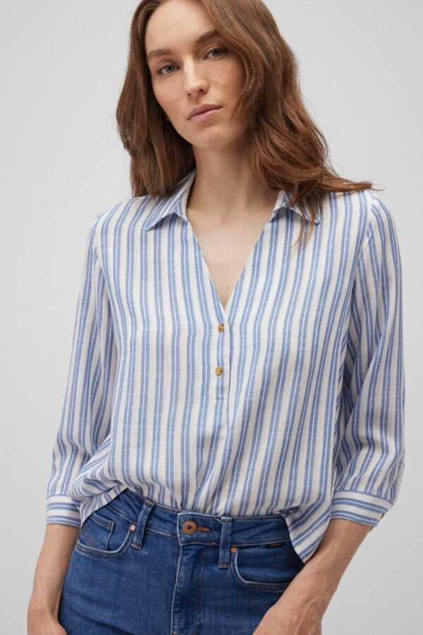 Resim Mavi Düğme Detaylı Kadın Bluz M122400-83979