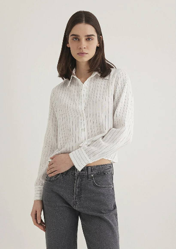 Resim Mavi Dokuma Kısa Kadın Uzun Kol Gömlek M1211025-85353