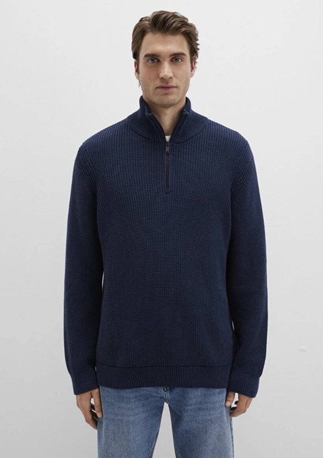 Resim Mavi Yarım Fermuarlı Erkek Kazak M0710268-82318