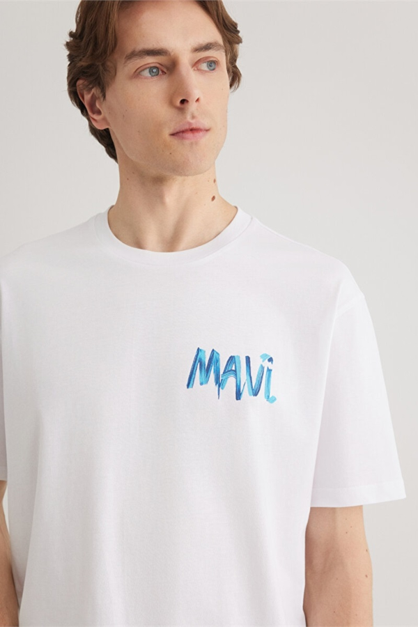 Resim Mavi Tişört Beyaz Erkek T-Shirt M0612468-620