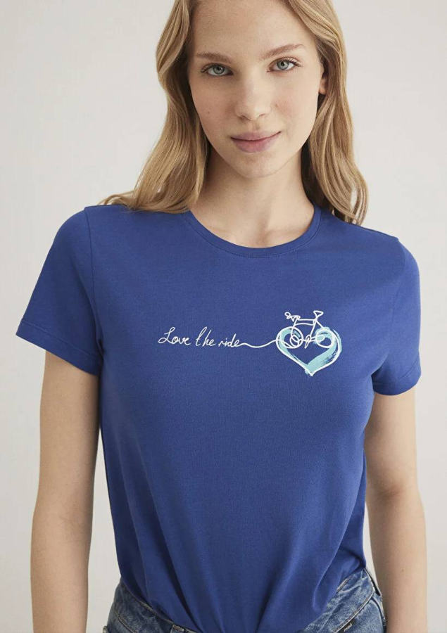 Resim Mavi Bisiklet Baskılı Grafik Kadın T-Shirt M1612961-70899