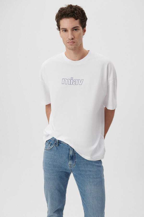 Resim Mavi Miav Tişört Beyaz Erkek T-Shirt M0611704-620