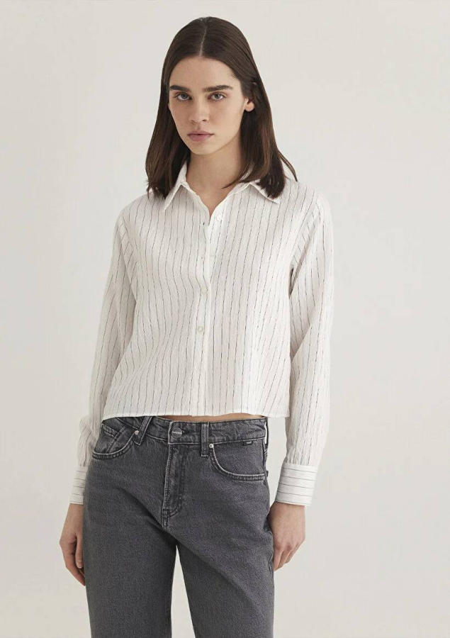 Resim Mavi Dokuma Kısa Kadın Uzun Kol Gömlek M1211025-85353