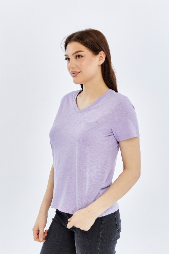 Resim Viole&More 1001 Flamlı Cepli V Yaka Kadın T-shirt