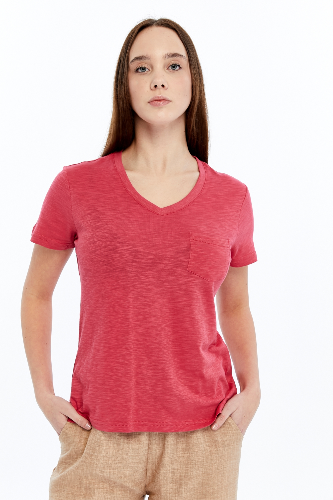 Resim Viole&More 1001 Flamlı Cepli V Yaka Kadın T-shirt