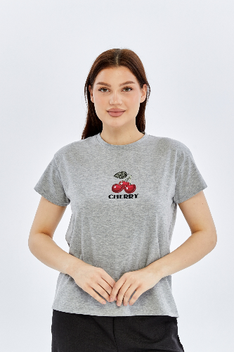 Resim Viole&More Kadın T-Shirt Yk22 Cherry Baskılı