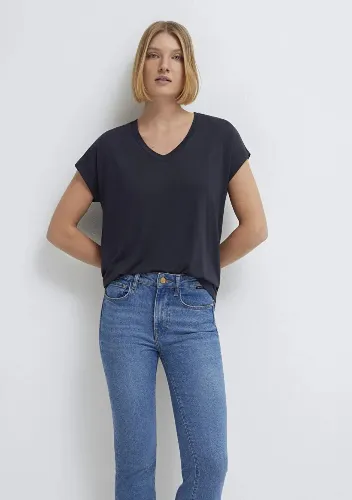Resim Mavi Kadın Basıc V Yaka T-Shirt M167714-85315