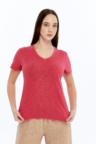 Resim Viole&More 1001 Flamlı Cepli V Yaka Kadın T-shirt