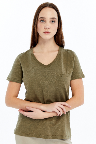 Resim Viole&More 1001 Flamlı Cepli V Yaka Kadın T-shirt