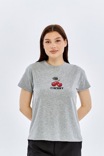 Resim Viole&More Kadın T-Shirt Yk22 Cherry Baskılı