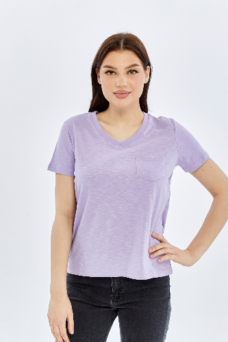 Resim Viole&More 1001 Flamlı Cepli V Yaka Kadın T-shirt