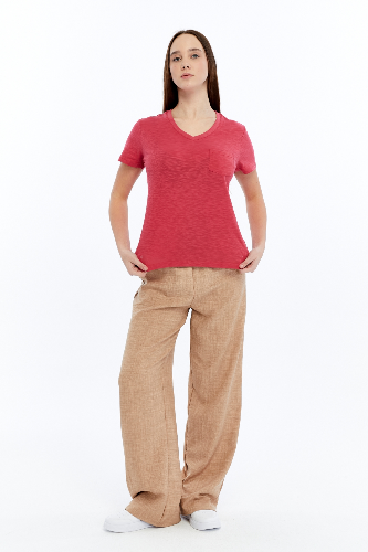 Resim Viole&More 1001 Flamlı Cepli V Yaka Kadın T-shirt