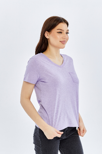 Resim Viole&More 1001 Flamlı Cepli V Yaka Kadın T-shirt