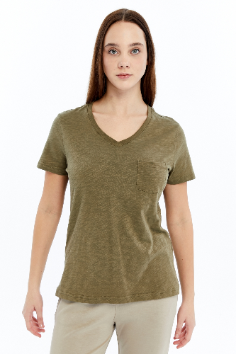 Resim Viole&More 1001 Flamlı Cepli V Yaka Kadın T-shirt