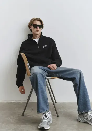 Resim Mavi Yarım Fermuarlı Erkek Sweat M0S10208-900